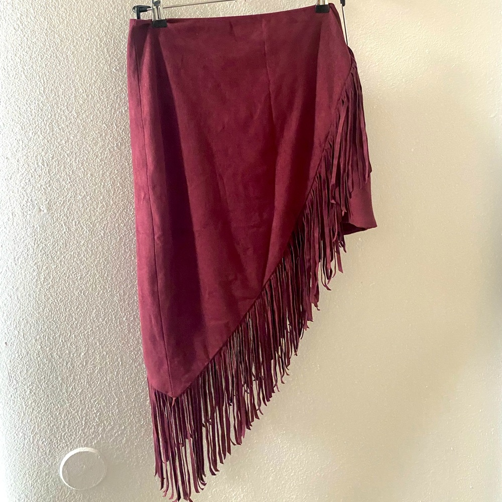Burgundy faux suede fringe mini skirt from Express.
